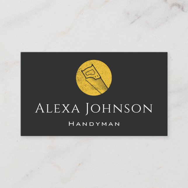 Yellow Saw Grunge Logo Handyman Tool Carpentry  Business Card (Front)