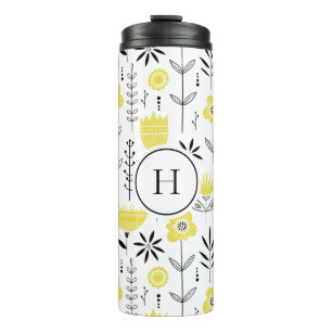 Yellow Scandinavian Floral Pattern Monogram Thermal Tumbler