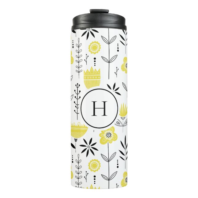 Yellow Scandinavian Floral Pattern Monogram Thermal Tumbler (Front)