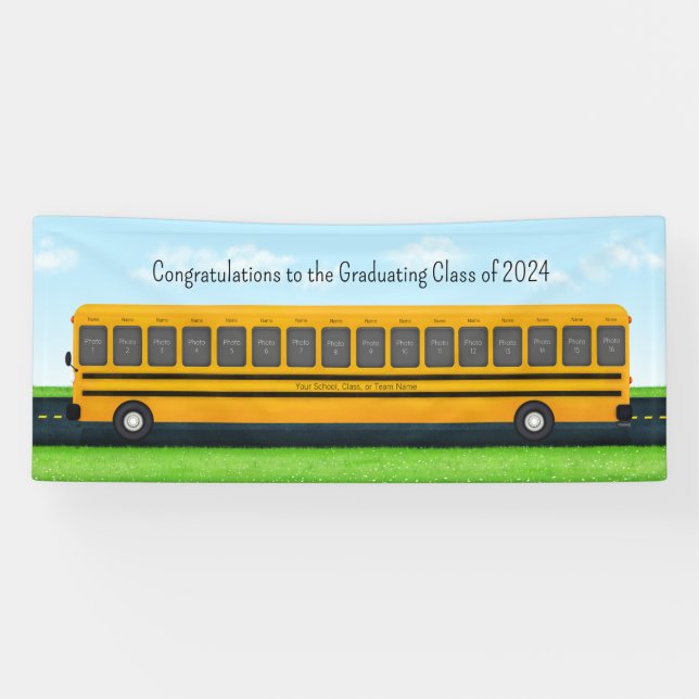 Yellow School Bus 16 Photo Custom Graduation Party Banner (Horizontal)