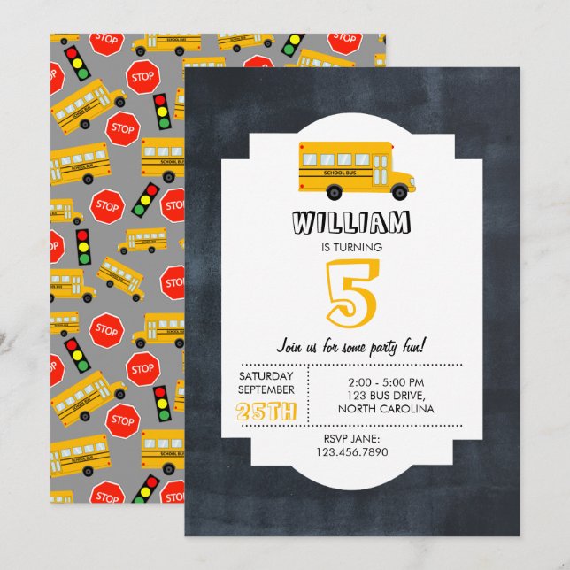 Yellow School Bus Chalkboard Kids Birthday Invitation (Front/Back)