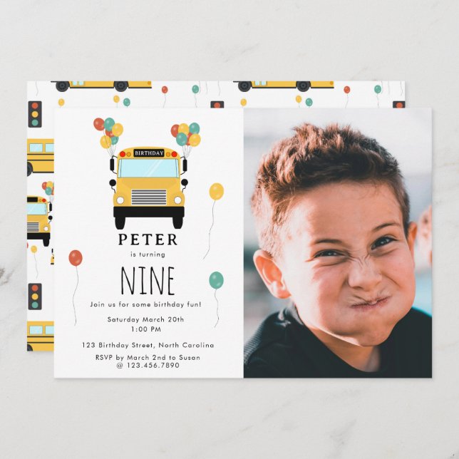 Yellow School Bus Kids Birthday Party Custom Photo Invitation (Front/Back)