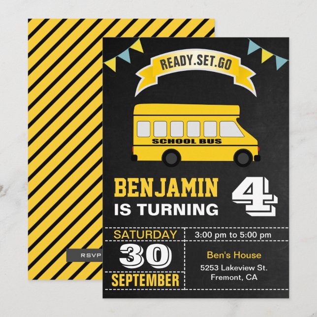 Yellow School Bus Kids Birthday Party Invitation (Front/Back)