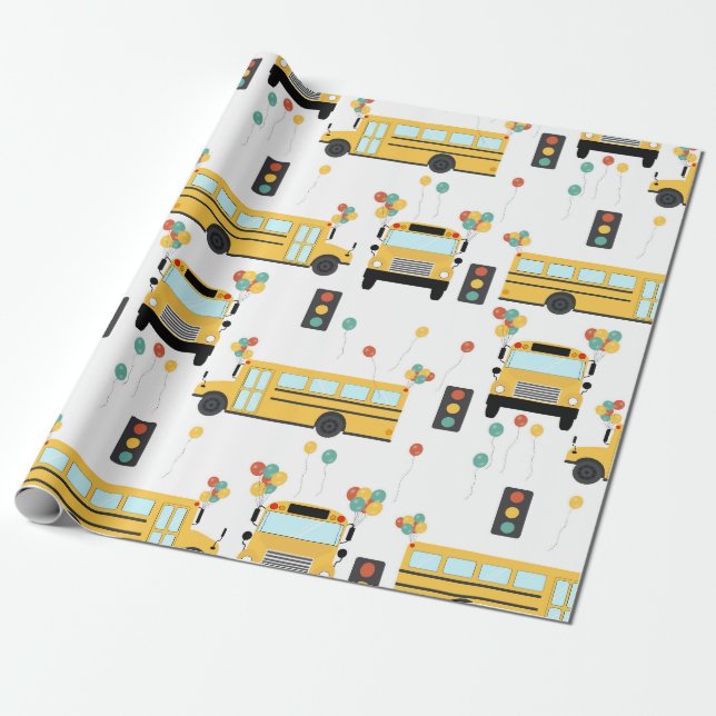 Yellow School Bus Kids Birthday Party Wrapping Paper (Unrolled)
