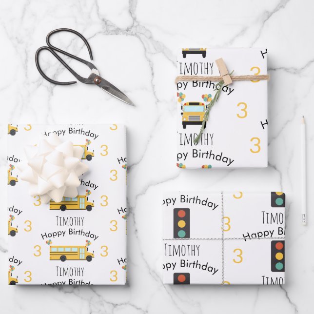 Yellow School Bus Kids Birthday Party Wrapping Paper Sheet (Front)