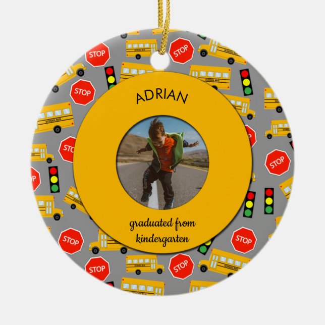 Yellow School Bus Kindergarten Graduation  Ceramic Tree Decoration (Front)