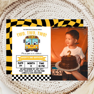 Yellow School Bus Second 2nd birthday Party Photo Invitation
