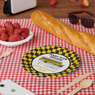 Yellow School Bus Stop Sign Boys Birthday Paper Plate