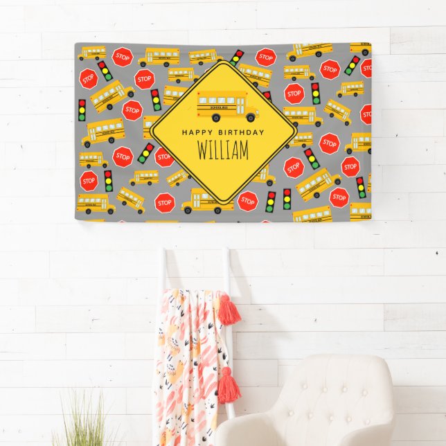 Yellow School Bus Stop Sign Traffic Light Birthday (Insitu)