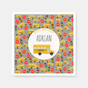 Yellow School Bus Stop Sign Traffic Light Birthday Napkin