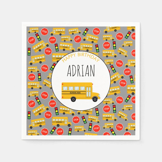 Yellow School Bus Stop Sign Traffic Light Birthday Napkin (Front)