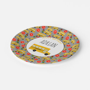 Yellow School Bus Stop Sign Traffic Light Birthday Paper Plate