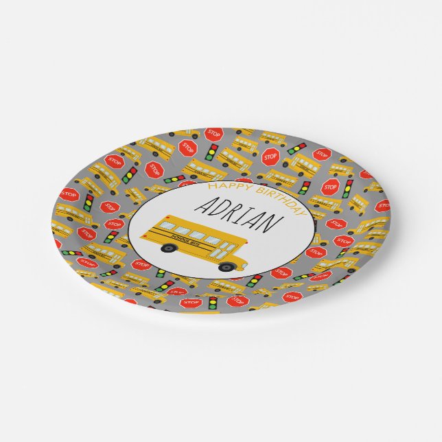 Yellow School Bus Stop Sign Traffic Light Birthday Paper Plate (Angled)
