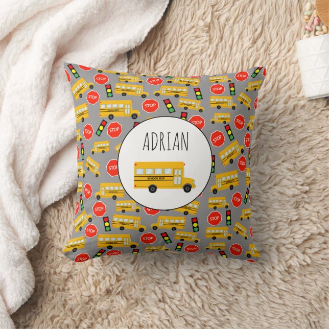 Yellow School Bus Stop Sign Traffic Lights Pattern Cushion (Blanket)