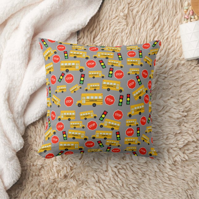 Yellow School Bus Stop Sign Traffic Lights Pattern Cushion (Blanket)