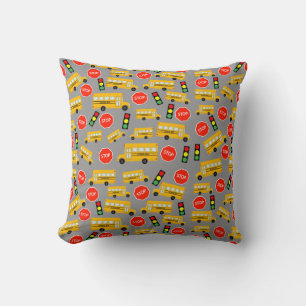 Yellow School Bus Stop Sign Traffic Lights Pattern Cushion