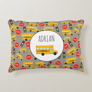 Yellow School Bus Stop Sign Traffic Lights Pattern Decorative Cushion