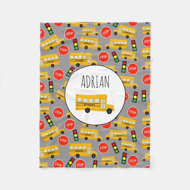 Yellow School Bus Stop Sign Traffic Lights Pattern Fleece Blanket (Front)