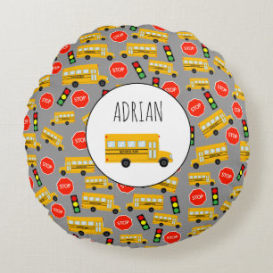 Yellow School Bus Stop Sign Traffic Lights Pattern Round Cushion