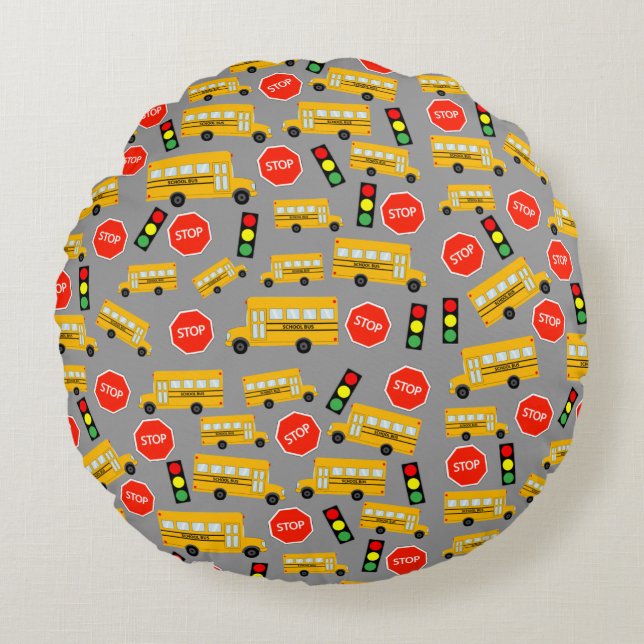 Yellow School Bus Stop Sign Traffic Lights Pattern Round Cushion (Front)