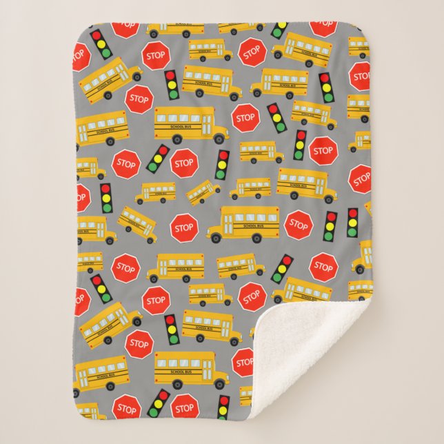 Yellow School Bus Stop Sign Traffic Lights Pattern Sherpa Blanket (Front)