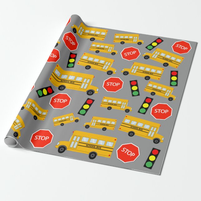 Yellow School Bus Stop Sign Traffic Lights Pattern Wrapping Paper (Unrolled)