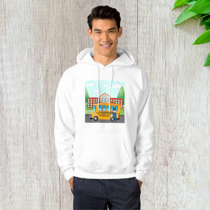 Yellow School Bus with Driver and School Building Hoodie