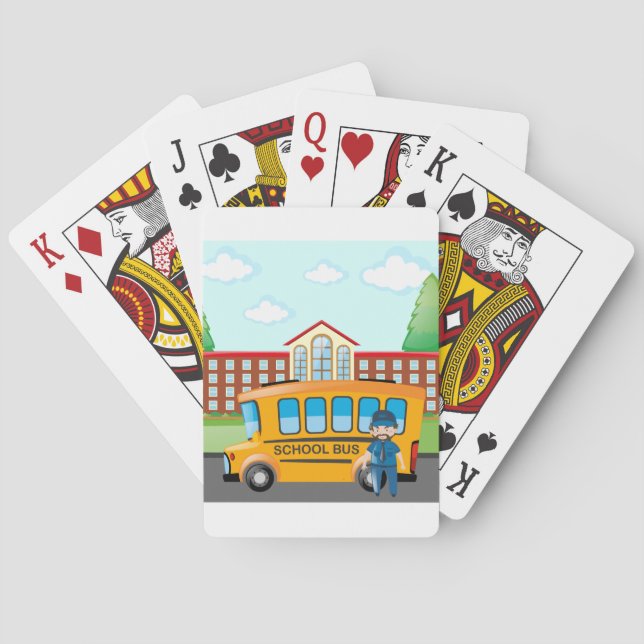 Yellow School Bus with Driver and School Building Playing Cards (Back)