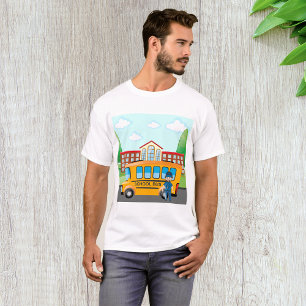 Yellow School Bus with Driver and School Building T-Shirt