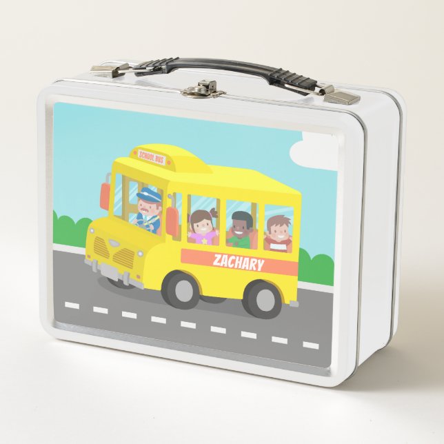 Yellow School Bus With Happy Kids Personalised Metal Lunch Box (Front)
