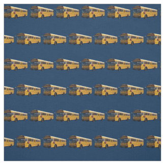 Yellow school buses on navy background fabric