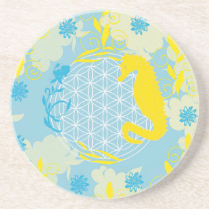 Yellow Seahorse Flower of Life Coastal Coaster