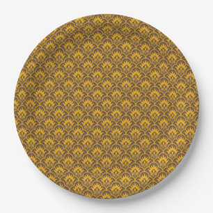Yellow seamless vintage damask pattern paper plate