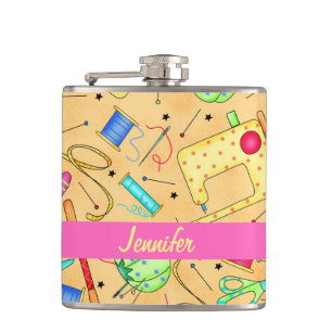 Yellow Sewing Notions Art Name Personalised Hip Flask
