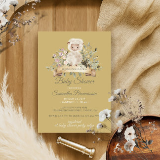 Yellow Sheep Lamb Botanical Ribbon Baby Shower Invitation