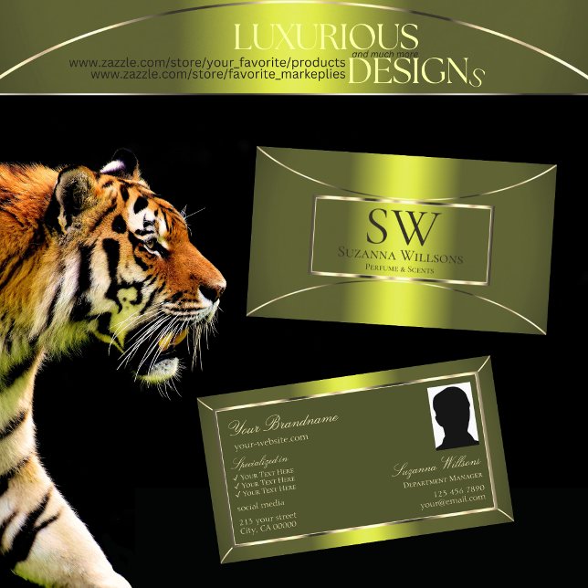 Yellow Shimmer Olive Green with Monogram and Photo Business Card (Creator Uploaded)