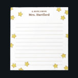 Yellow Shining Stars Lined A Note From Teacher<br><div class="desc">White A note from School Teacher notepad personalised with the teacher's name in brown against a white background and lots of shiny, round stars. Gold star themed teacher's notepad with lines and the teacher's name. Personalised teacher's notepad with stars in yellow against a white background. Give your students notes on...</div>