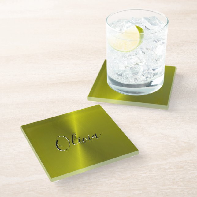Yellow shiny faux metal  glass coaster (Angled)