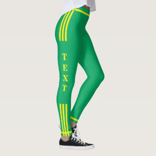 Yellow Side Stripe Green Leggings with Custom Text