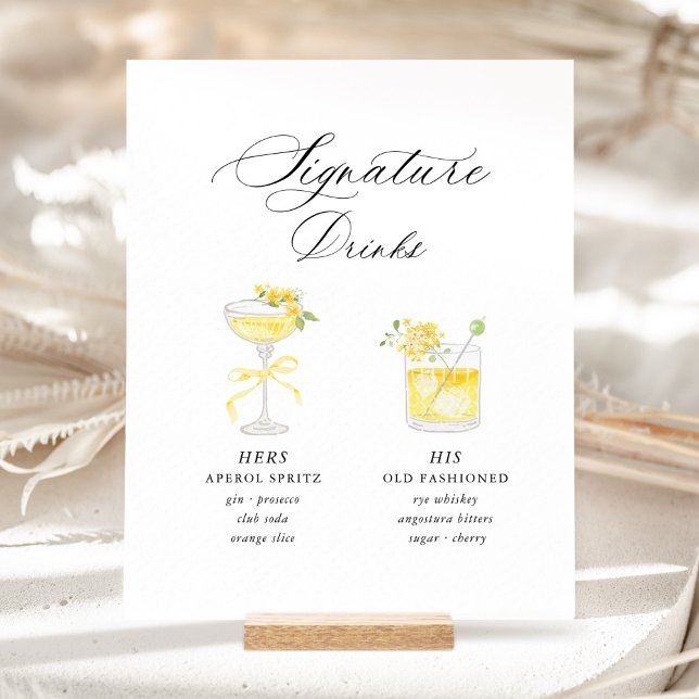 Yellow Signature Drinks Wedding Pedestal Sign (Yellow Floral Signature Drinks Wedding Sign, His & Hers Cocktail Menu, Romantic Garden Wedding Bar)