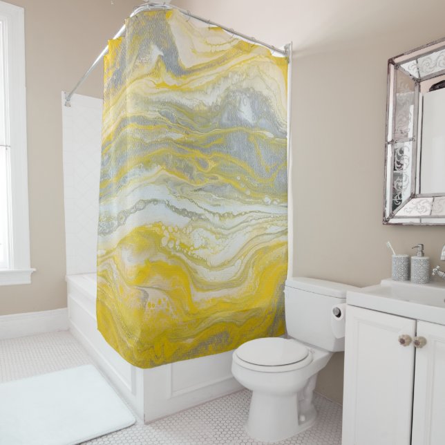 Yellow & Silver Abstract Shower Curtain (In Situ)