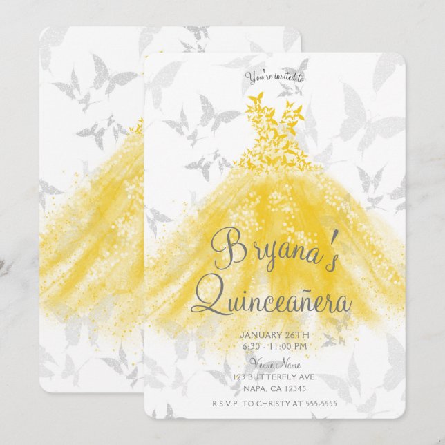 Yellow Silver Butterfly Dance Dress Quinceañera  Invitation (Front/Back)