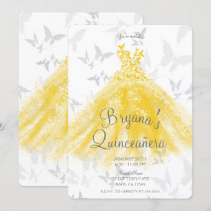 Yellow Silver Butterfly Dance Dress Quinceañera  Invitation