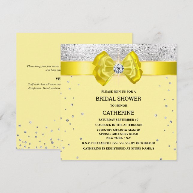 Yellow silver glitter bow elegant chic sparkle  invitation (Front/Back)
