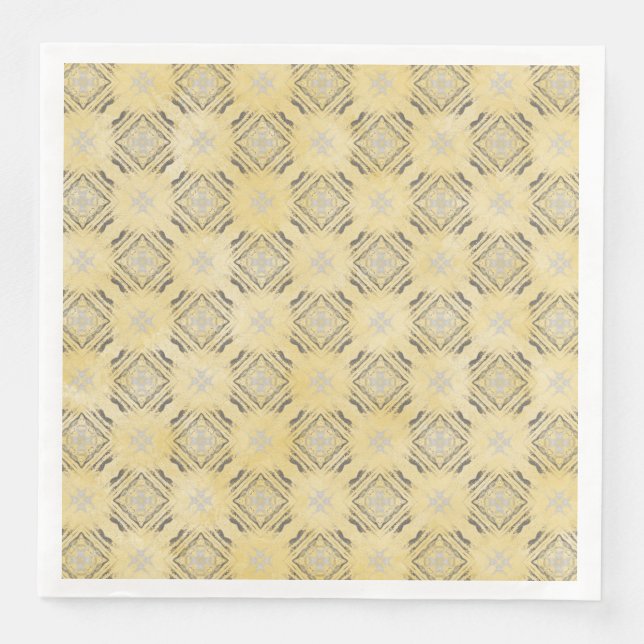 Yellow & Silver Grey Diamonds Chequerboard Pattern Napkin (Front)