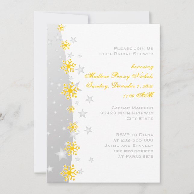 Yellow silver grey snowflake wedding bridal shower invitation (Front)