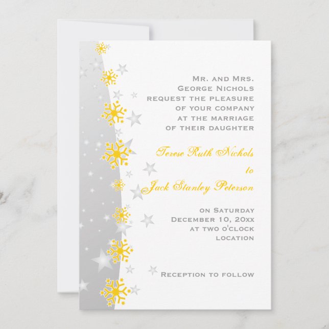 Yellow, silver grey snowflake wedding invitation (Front)