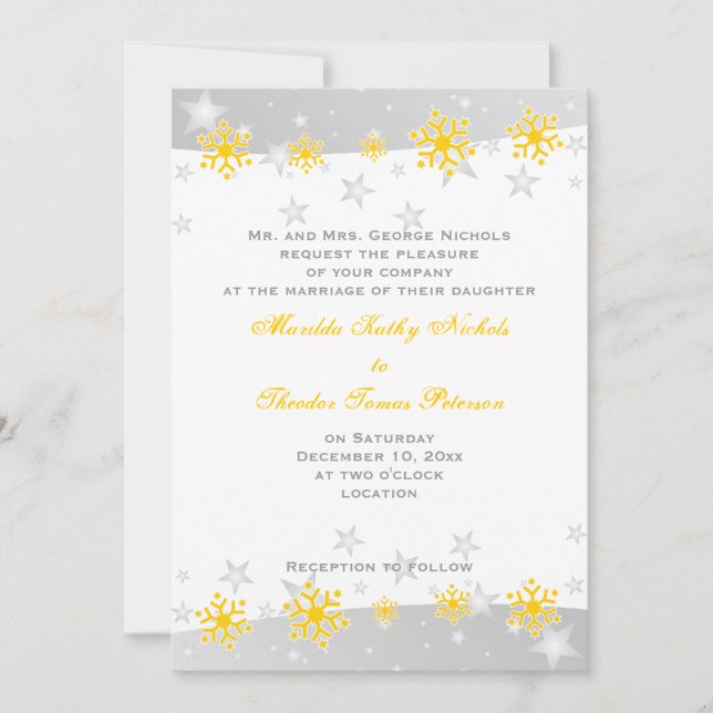 Yellow, silver grey snowflake wedding invitation (Front)