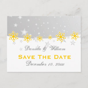 Yellow silver grey snowflake wedding Save the Date Announcement Postcard