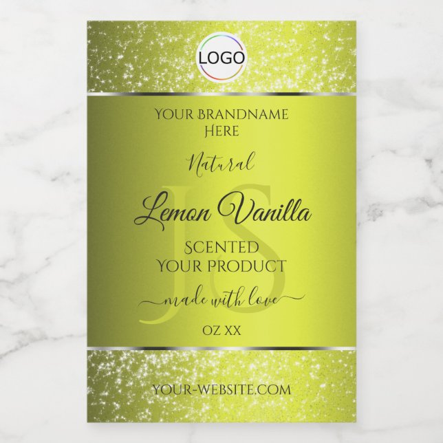 Yellow Silver Logo Initials Glitter Product Labels (Single Label)
